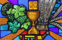Eucharist bowl, fruits, wheat, and Bible - window ornaments in Immaculate Conception Church